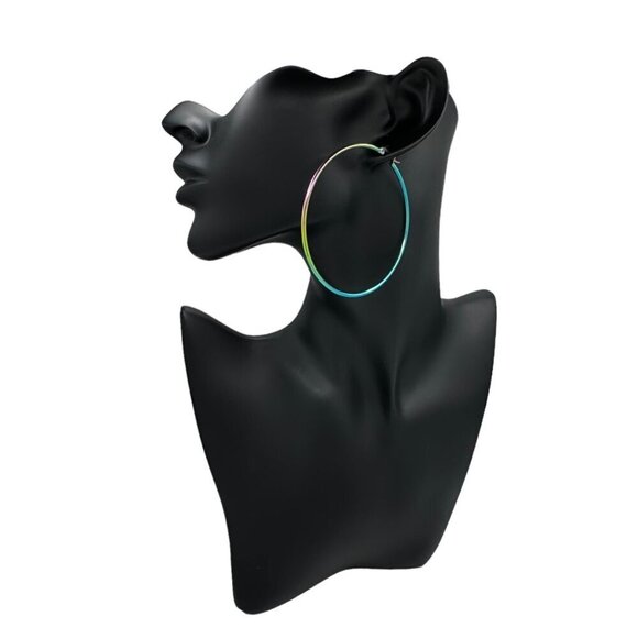 NWT Large Hoop Earrings Titanium Rainbow Steel Multicolor - Picture 9 of 11